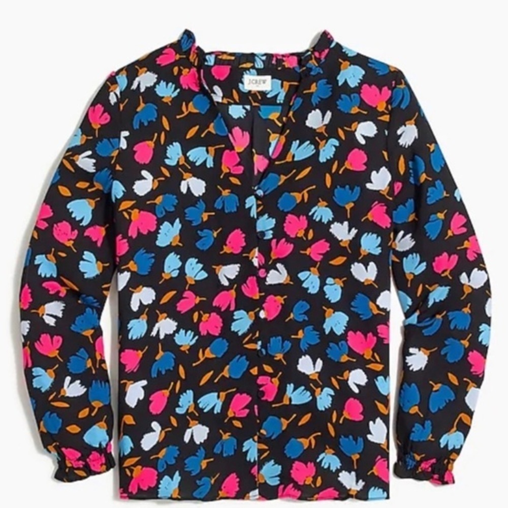J. Crew Factory Silky Covered Button Floral Black and Pink Blouse, Small